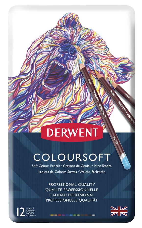 Derwent Coloursoft Pencils set 12 tin. The pencils have a soft, velvety strip, ideal for the quick application of bold colour. Contains Deep Cadmium, Bright Orange, Red, Deep Fuchsia, Indigo, Blue, Green, Lime Green, Dark Brown, Dark Terracotta, Black and White.
