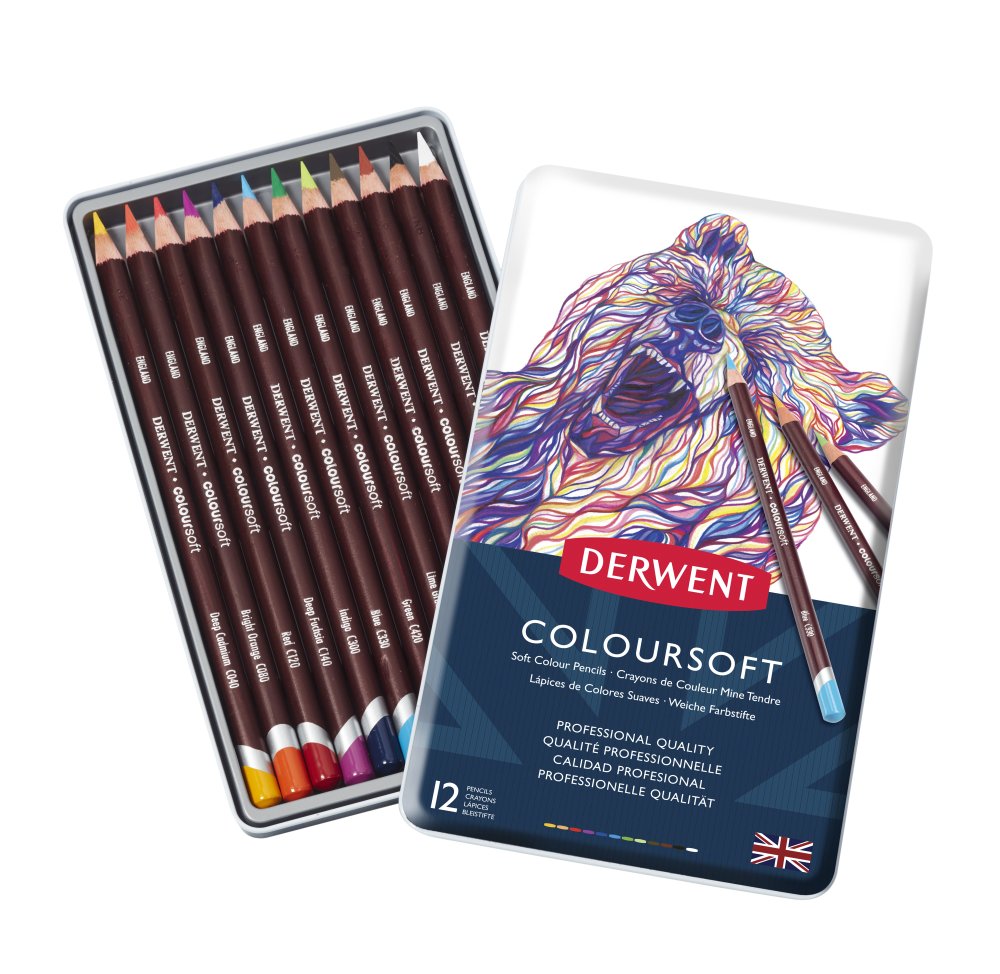 Derwent Coloursoft Pencils set 12 tin. The pencils have a soft, velvety strip, ideal for the quick application of bold colour. Contains Deep Cadmium, Bright Orange, Red, Deep Fuchsia, Indigo, Blue, Green, Lime Green, Dark Brown, Dark Terracotta, Black and White.