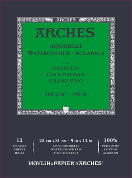 Arches 100% Cotton 300 gsm Watercolour Paper Cold Pressed (9 x 12") x 12 sheets