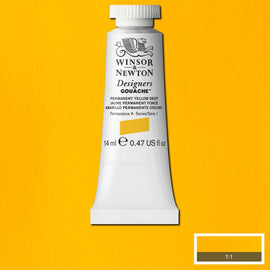 Winsor & Newton Designers Gouache paint 14 mls Permanent Yellow Deep is a dark warm yellow colour. It is a semi-opaque permanent gouache.