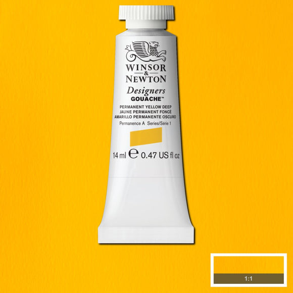 Winsor & Newton Designers Gouache paint 14 mls Permanent Yellow Deep is a dark warm yellow colour. It is a semi-opaque permanent gouache.