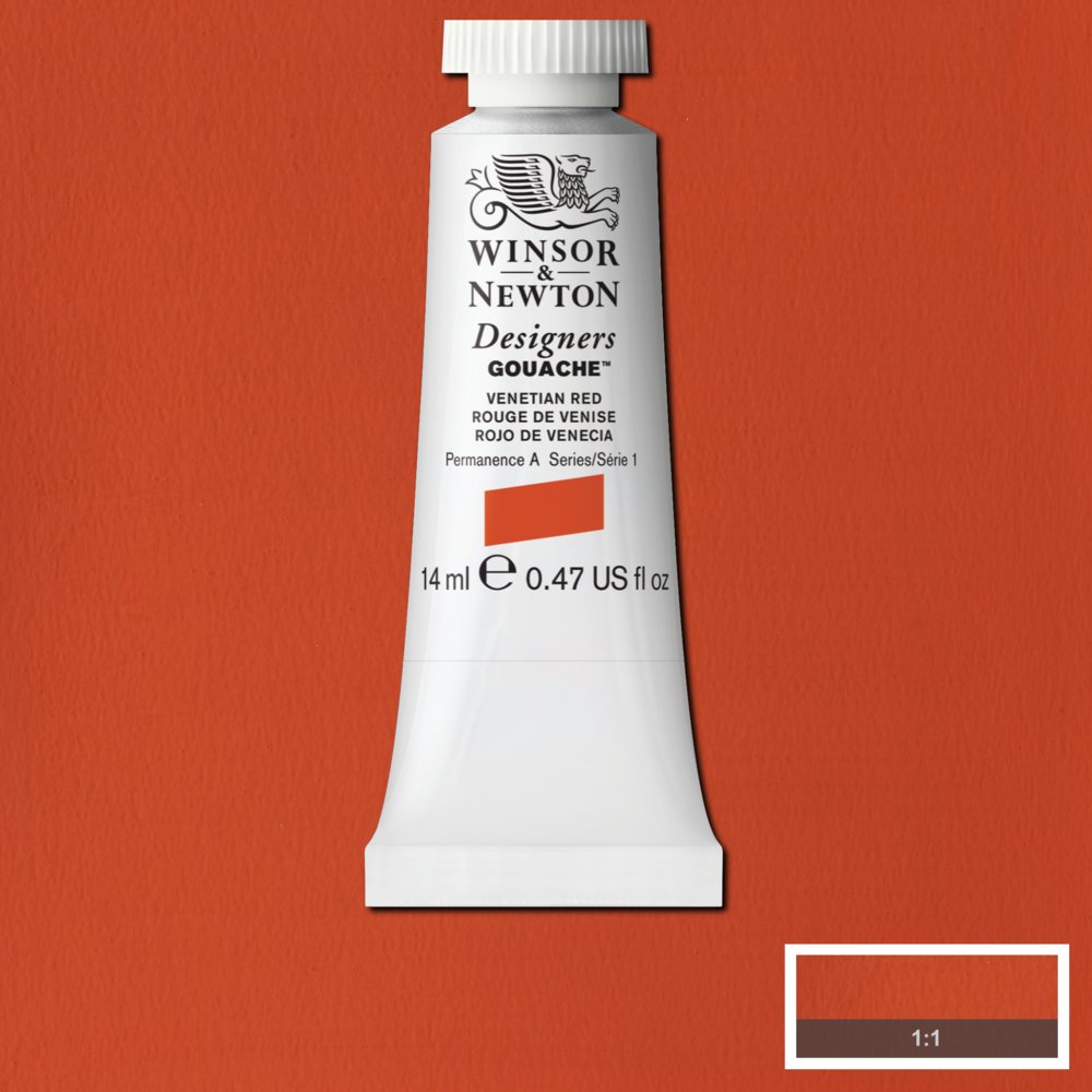 Winsor & Newton Designers Gouache paint 14 mls Venetian Red is an opaque deep red colour. An earth pigment, it was called Venetian Red after the quarry near Venice where the painter Titian sourced his earth reds.