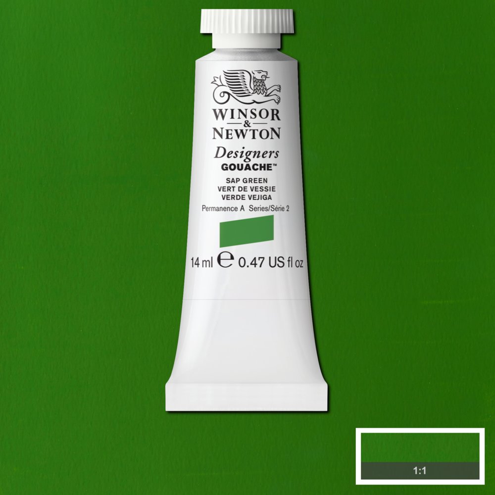 Winsor & Newton Designers Gouache paint 14 mls Sap Green is a bright mid-range green with a yellow undertone. Originally Sap Green was a lake pigment made from unripe Buckthorn berries.
