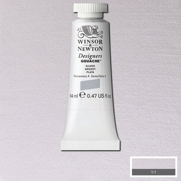 Winsor & Newton Designers Gouache paint 14 mls Silver is a unique colour which, due to its unusual combination of pigments, creates a metal sheen closely resembling that of silver.