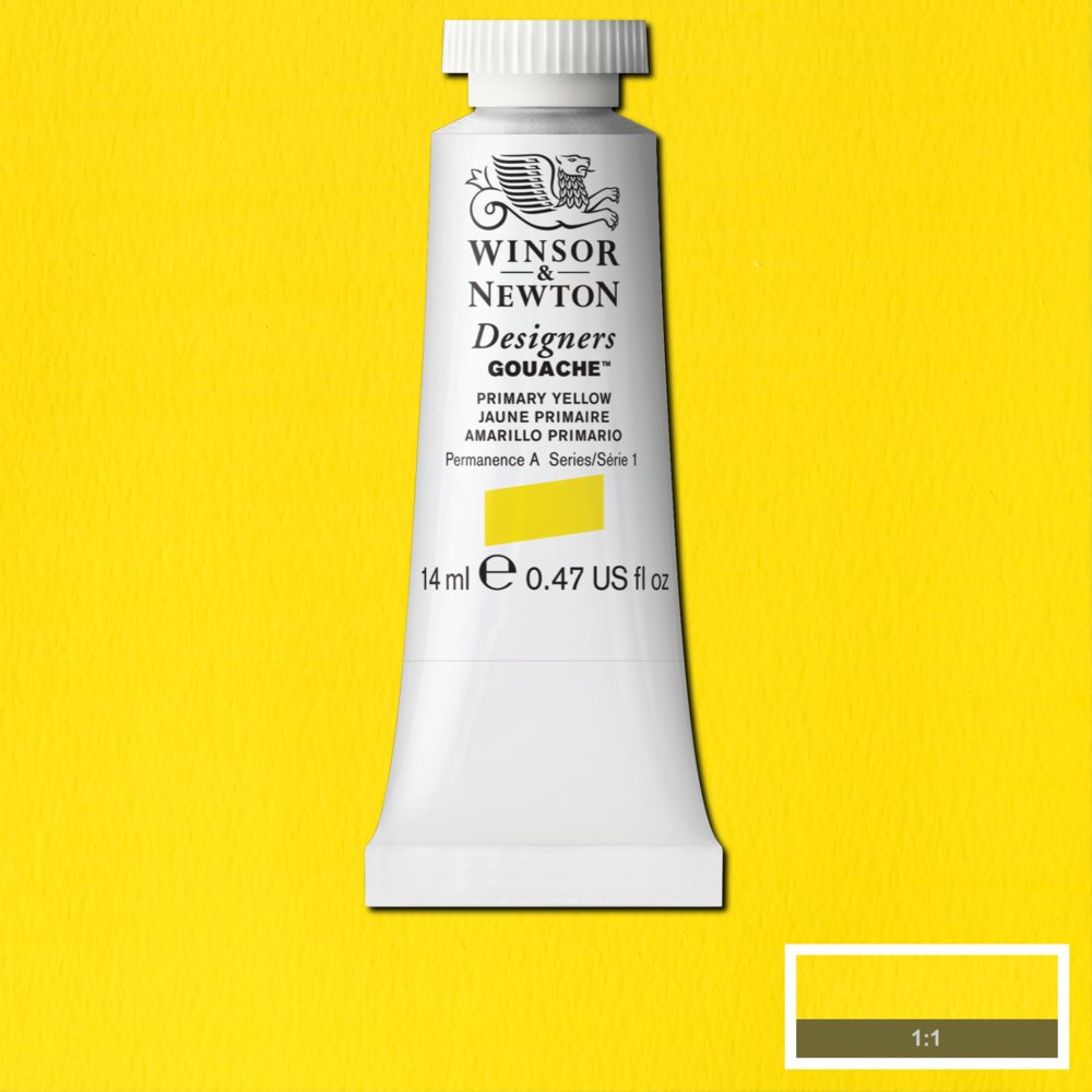 Winsor & Newton Designers Gouache paint 14 mls Primary Yellow is a bright yellow gouache colour. It is one of the basic primary colours. It is based on the high tinting strength Quinophthalone yellow pigment.