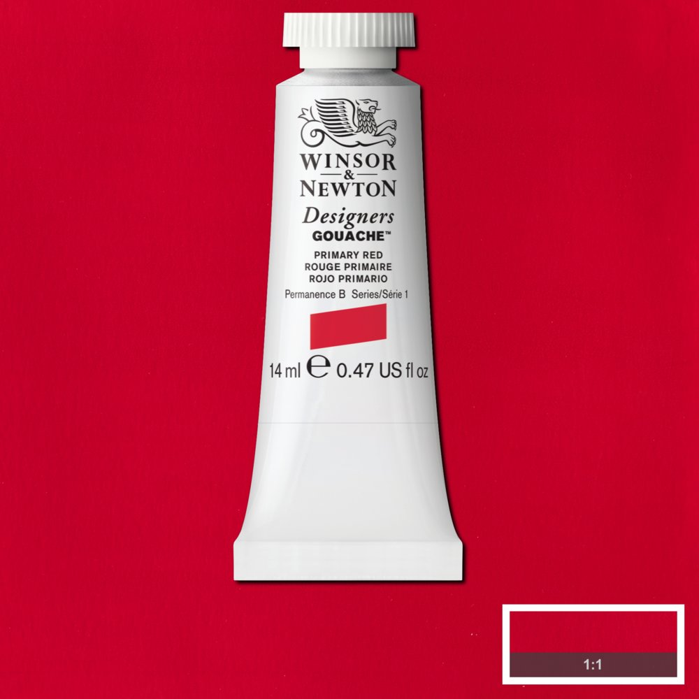 Winsor & Newton Designers Gouache paint 14 mls Primary Red is a bright violet red gouache colour. It is one of the basic primary colours and is semi-opaque.