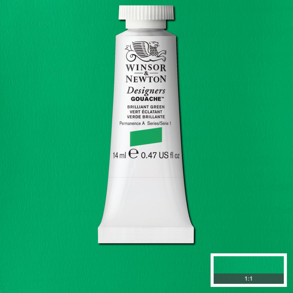 Winsor & Newton Designers Gouache paint 14 mls Brilliant Green is a strong green colour. It is an opaque pigment and has strong tinting qualities.