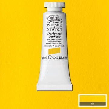 Winsor & Newton Designers Gouache paint 14 mls Brilliant Yellow is a strong yellow colour. It is a stable yellow primary colour and is semi-opaque.