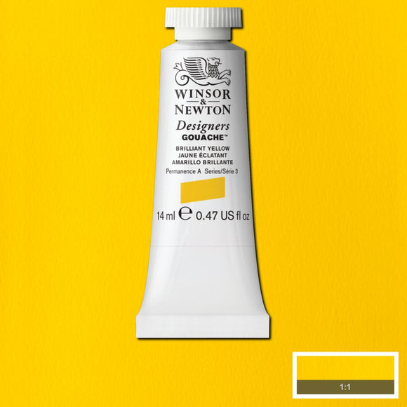 Winsor & Newton Designers Gouache paint 14 mls Brilliant Yellow is a strong yellow colour. It is a stable yellow primary colour and is semi-opaque.