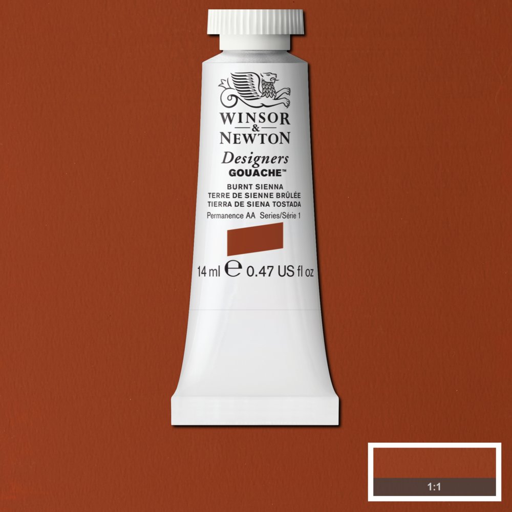 Winsor & Newton Designers Gouache paint 14 mls Burnt Sienna is a rich brown pigment made by burning Raw Sienna. Named after Siena in Italy, where the pigment was sourced during the Renaissance, it is a transparent pigment with red-brown tones.