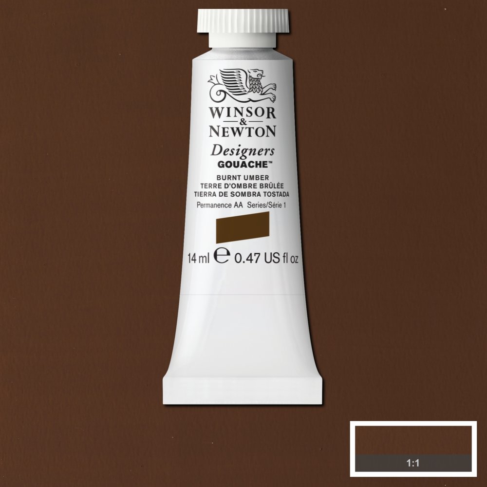 Winsor & Newton Designers Gouache paint 14 mls A rich dark brown pigment, Burnt Umber is made from natural brown clays found in earth. It was named after Umbria, a region in Italy where it was mined. Burning the raw pigment intensifies its colour.