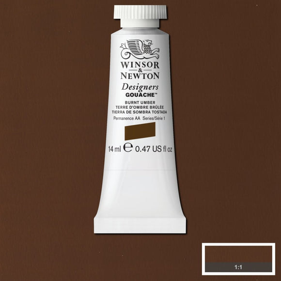 Winsor & Newton Designers Gouache paint 14 mls A rich dark brown pigment, Burnt Umber is made from natural brown clays found in earth. It was named after Umbria, a region in Italy where it was mined. Burning the raw pigment intensifies its colour.