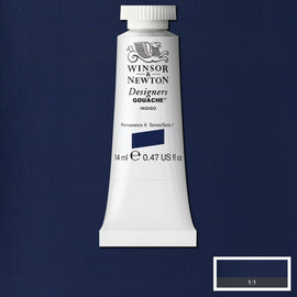 Winsor & Newton Designers Gouache paint 14 mls  Indigo is a deep blue pigment that can range from dark black to pale blue. Originally extracted from plants similar to blue woad used by the ancient Britons, it was synthesised in 1878 in Germany. It is one of the oldest blue pigments used universally.