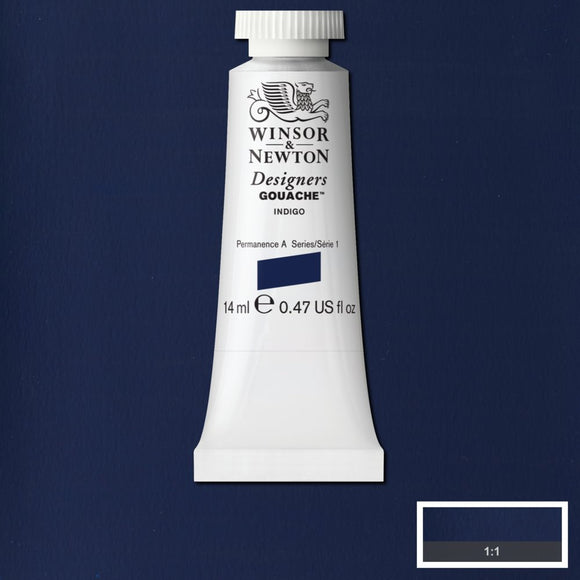 Winsor & Newton Designers Gouache paint 14 mls  Indigo is a deep blue pigment that can range from dark black to pale blue. Originally extracted from plants similar to blue woad used by the ancient Britons, it was synthesised in 1878 in Germany. It is one of the oldest blue pigments used universally.