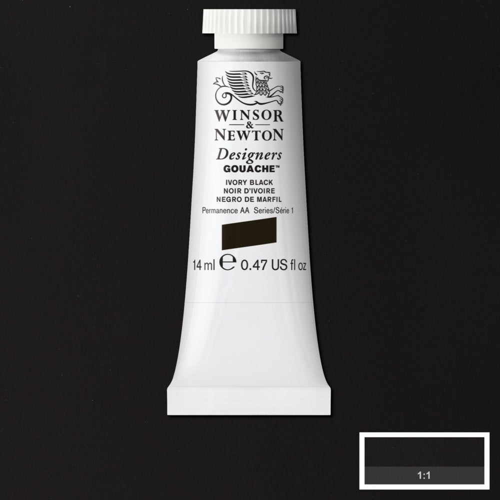 Winsor & Newton Designers Gouache paint 14 mls Ivory black is a stable all-round black colour with brown undertones and excellent tinting powers. Its name stems from the traditional method for obtaining it: roasting elephant tusks. No longer a process that is used thankfully.