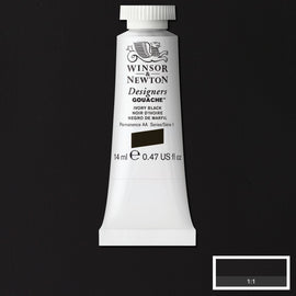 Winsor & Newton Designers Gouache paint 14 mls Ivory black is a stable all-round black colour with brown undertones and excellent tinting powers. Its name stems from the traditional method for obtaining it: roasting elephant tusks. No longer a process that is used thankfully.