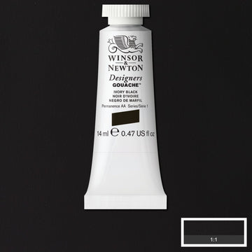 Winsor & Newton Designers Gouache paint 14 mls Ivory black is a stable all-round black colour with brown undertones and excellent tinting powers. Its name stems from the traditional method for obtaining it: roasting elephant tusks. No longer a process that is used thankfully.