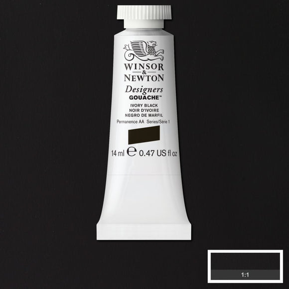Winsor & Newton Designers Gouache paint 14 mls Ivory black is a stable all-round black colour with brown undertones and excellent tinting powers. Its name stems from the traditional method for obtaining it: roasting elephant tusks. No longer a process that is used thankfully.