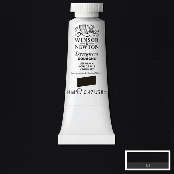 Winsor & Newton Designers Gouache paint 14 mls Jet Black is a stable, basic black gouache. It is opaque and lightfast.