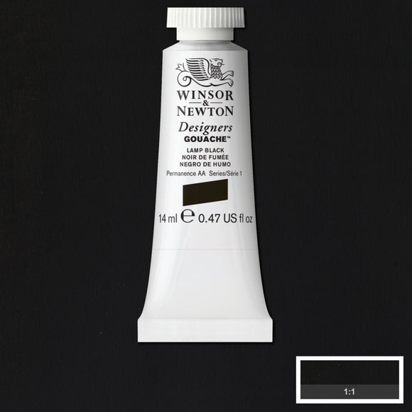 Winsor & Newton Designers Gouache paint 14 mls Lamp Black is one of the oldest pigments. It is made of pure carbon, originally from the residual soot of burnt oil lamps. It is a black with a bluish tint, producing a variety of cool blue greys.