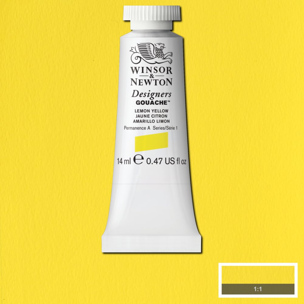 Winsor & Newton Designers Gouache paint 14 mls Lemon Yellow is a clear bright yellow colour. It is part of the Hansa pigments which were discovered in the early 1900s in Germany by the Hoechst company.