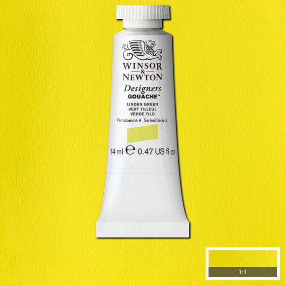 Winsor & Newton Designers Gouache paint 14 mls Linden Green is a greenish yellow colour. It is a permanent, semi-opaque gouache.