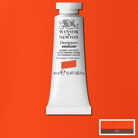 Winsor & Newton Designers Gouache paint 14 mls Orange Lake Deep is a pale reddish orange colour. It is a semi-opaque permanent gouache.