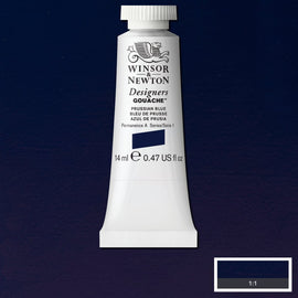 Winsor & Newton Designers Gouache paint 14 mls Prussian Blue is a deep blue colour. It was made by German chemist Diesbach around 1704 making it the first synthetic blue pigment. It quickly gained favour as an alternative to genuine Ultramarine.