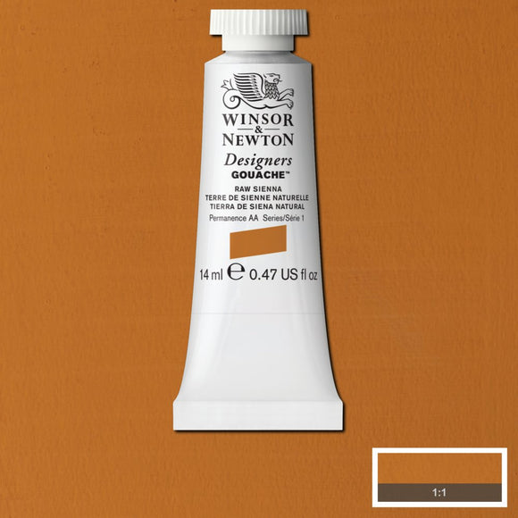 Winsor & Newton Designers Gouache paint 14 mls Raw Sienna is a bright brown pigment. One of the oldest pigments, it can be found in prehistoric cave art. It is named after Siena, Italy where the pigment was sourced during the Renaissance.