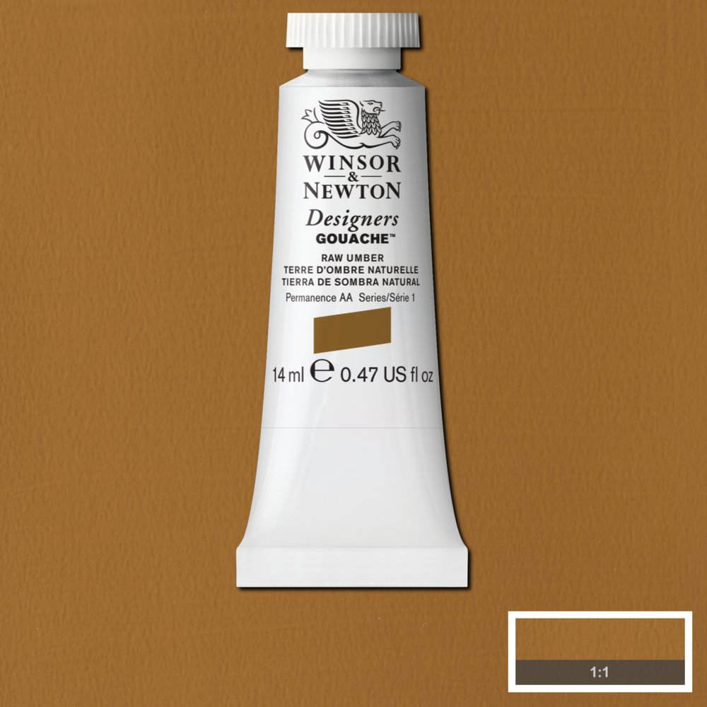Winsor & Newton Designers Gouache paint 14 mls Raw Umber is a rich brown pigment made by the natural brown clays found in earth. It was named after Umbria, a region in Italy where it was mined.