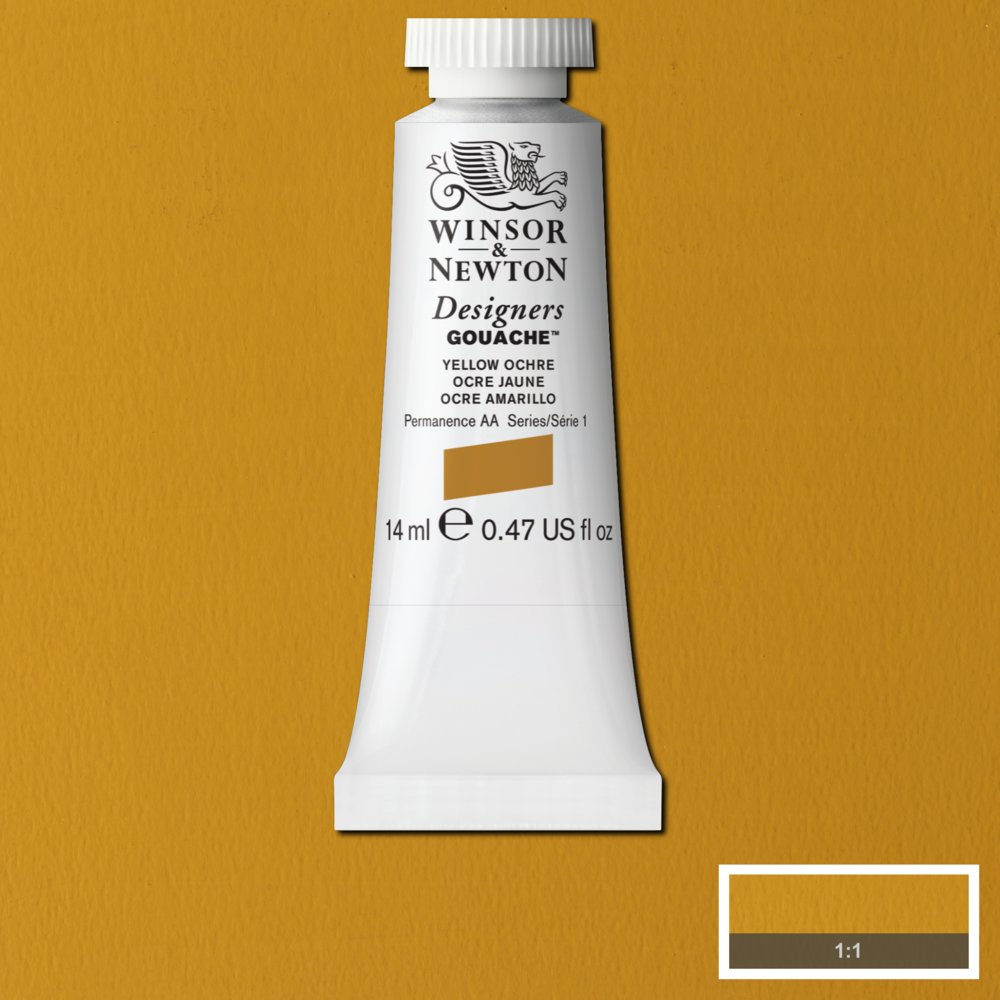 Winsor & Newton Designers Gouache paint 14 mls Yellow Ochre is a warm yellow colour. Originally made from natural iron oxides found in earth, it is one of the oldest pigments used by mankind. A synthetic version became available in the 1920s.