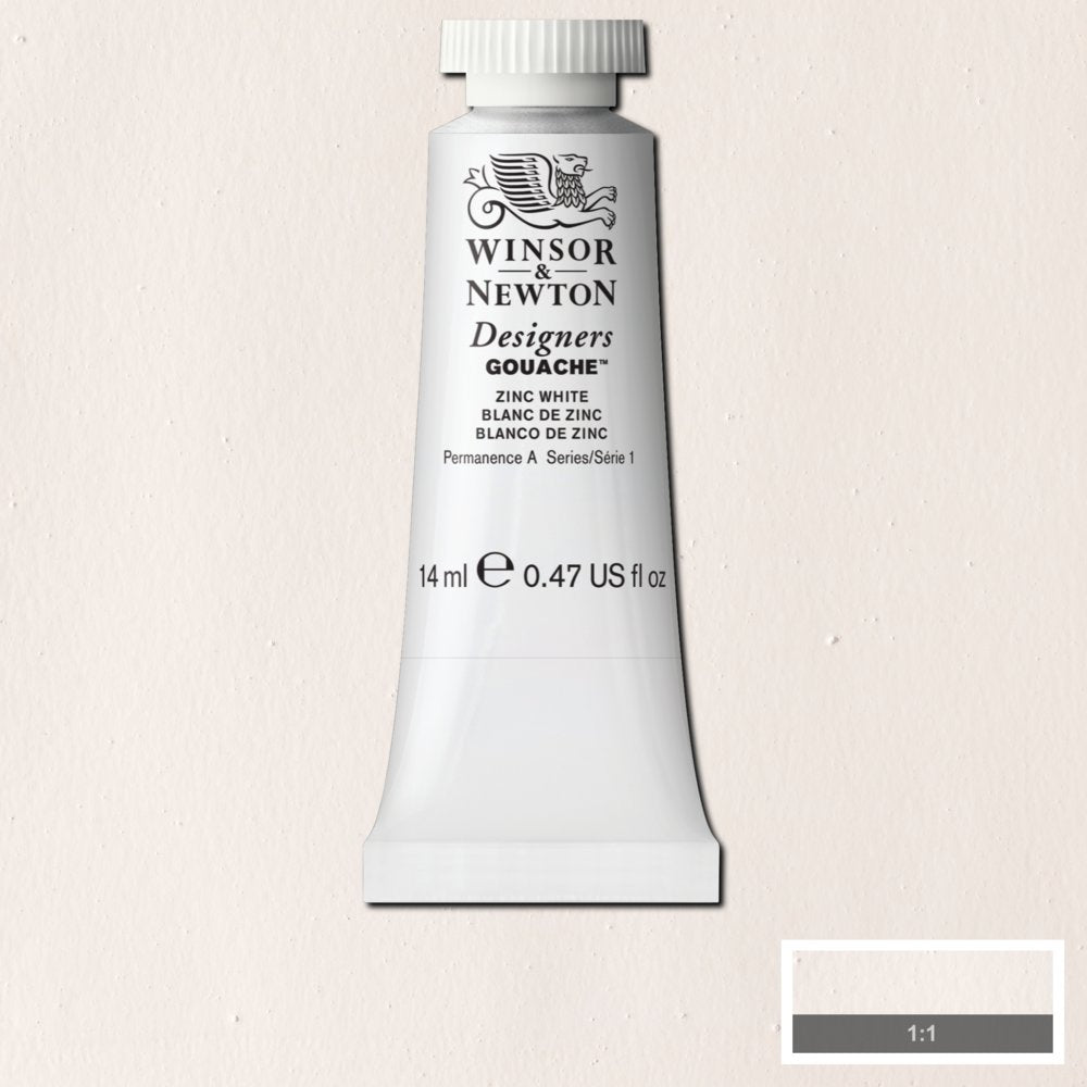 Winsor & Newton Designers Gouache paint 14 mls Zinc White is an opaque white colour based on zinc pigments. It is an excellent tinting white and is also known as Chinese White. It was introduced in the UK by Winsor & Newton in the mid-19th century.
