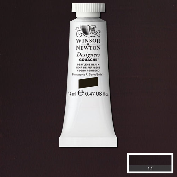 Winsor & Newton Designers Gouache paint 14 mls Perylene Black is a strong black pigment. It has an exquisite green undertone. It can be used straight or for green and blue mixtures.