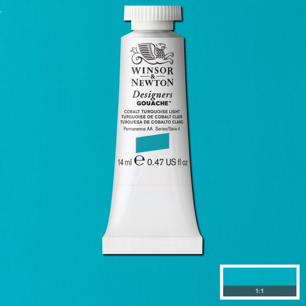 Winsor & Newton Designers Gouache paint 14 mls Cobalt Turquoise Light is a paler, slightly greener colour to its sister Cobalt Turquoise. A careful blend of blue and green pigments, it is a delicate opaque colour.