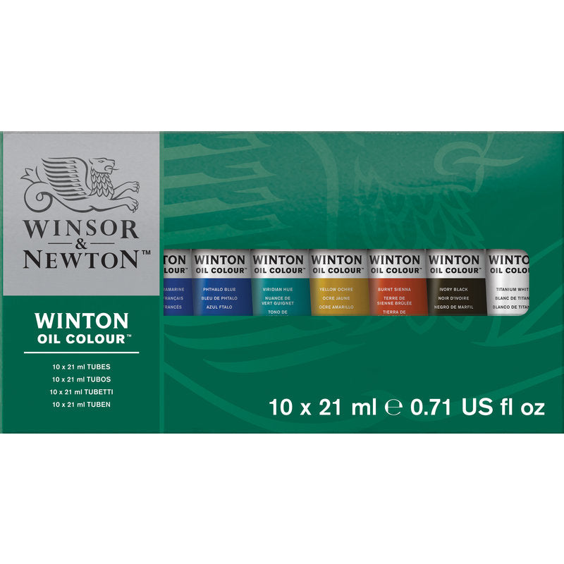 Winsor and Newton : Winton Oil : Set 10 x 21 mlWinsor & Newton Winton Oil artist paint Set 10 colours x 21 ml Winsor and Newton : Winton Oil : Set 10 x 21 ml This set contains a comprehensive range of colours in 21ml tubes. Includes: Cadmium Yellow Pale Hue, Cadmium Red Deep Hue, French Ultramarine, Phthalo Blue, Burnt Umber, Viridian Hue, Yellow Ochre, Burnt Siena, Ivory Black, Titanium White. 