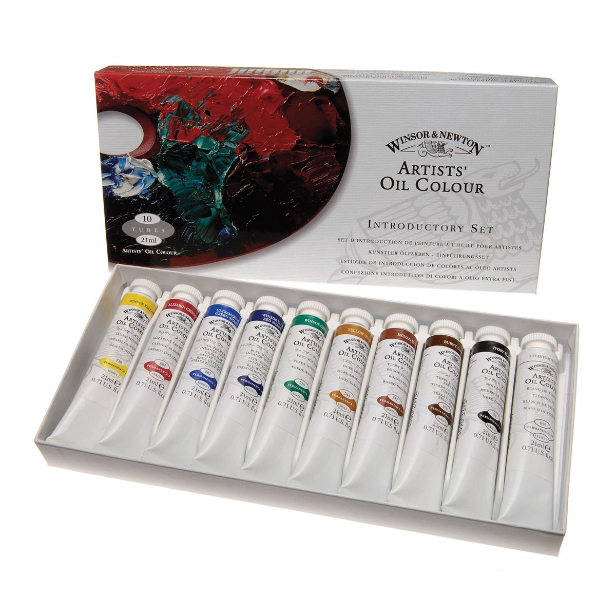 Winsor & Newton Artists' Oil Colour is unmatched for its purity, quality and reliability  Winsor & Newton Professional Artist Oil set 10 colours x 21 ml This introductory set contains 10 x 21ml tubes of the popular Winsor & Newton Artist Quality Oil Colour.  A typical selection includes Winsor Yellow, Alizarin Crimson, Ultramarine (Green Shade), Winsor Green (Phthalo), Yellow Ochre, Indian Red, Burnt Umber, Ivory Black and Titanium White.