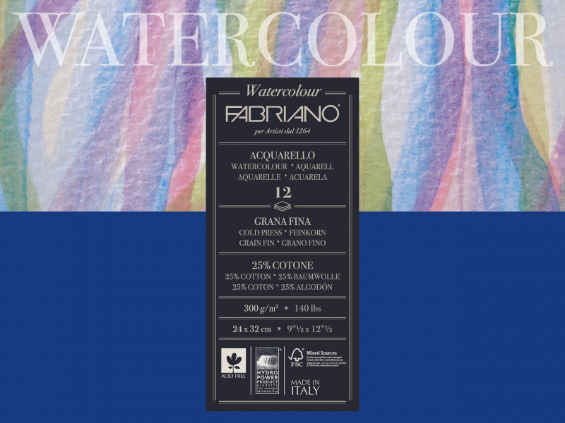 Fabriano: Watercolour Paper Acquarello  300gsm  : NOT/Cold Press : 7 x 9 1/2 inches : 12 Sheets 180x240mm  ( 25% Cotton )