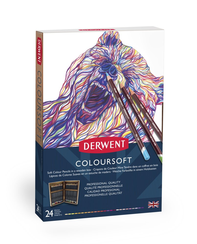 An exciting selection of 24 vibrant colours, specially chosen for their richness and versatility. The pencils have a soft, velvety strip, ideal for the quick application of bold colour. Presented in a beautiful wooden box containing: