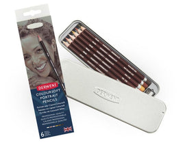 Derwent Coloursoft drawing pencils Skintones Tin 6 pencils & sharpener. The pencils have a soft, velvety strip, ideal for the quick application of bold colour. Contains 6 specially selected colours to create a variety of life-like skin tones: Cream, Blush Pink, Pink, Ochre, Dark Terracotta and Brown Earth.