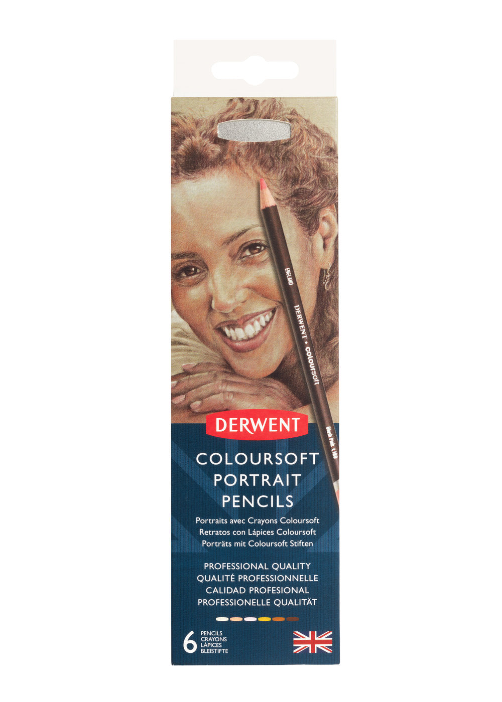 Derwent Coloursoft drawing pencils Skintones Tin 6 pencils & sharpener. The pencils have a soft, velvety strip, ideal for the quick application of bold colour. Contains 6 specially selected colours to create a variety of life-like skin tones: Cream, Blush Pink, Pink, Ochre, Dark Terracotta and Brown Earth.