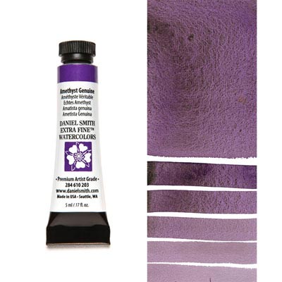 Daniel Smith Amethyst Genuine is a rich, true purple – it’s almost black in masstone and capable of infinite gradation. Although it is a granulating color, it can also make lovely clear washes with just the barest hint of sparkle from the crushed gemstone.