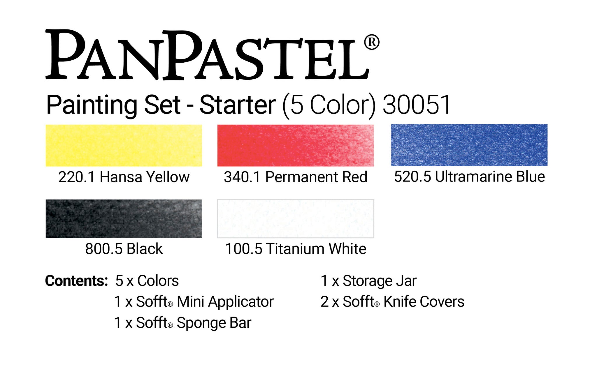 PanPastel 5 Colour Starter Set Painting 30051 & Sofft Tools, this is a perfect little starter set, to experiment and work with PanPastel, the set contains primary colours and black and with for lightening and tinting