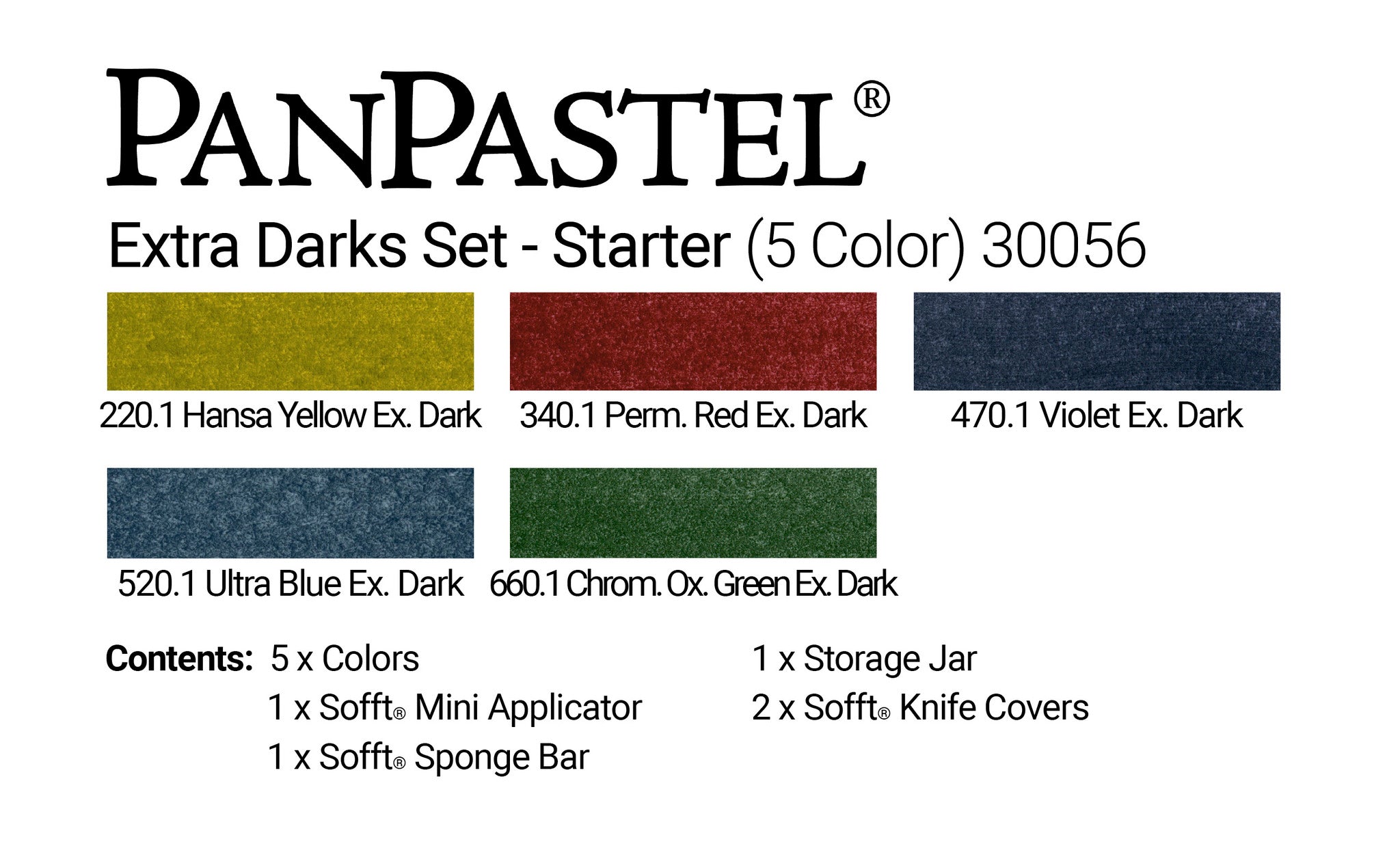 PanPastel Starter Set Extra Dark Shades 30056. This set lends itself well to backgrounds and shades. Includes a selections of Sofft tools application and blending tools