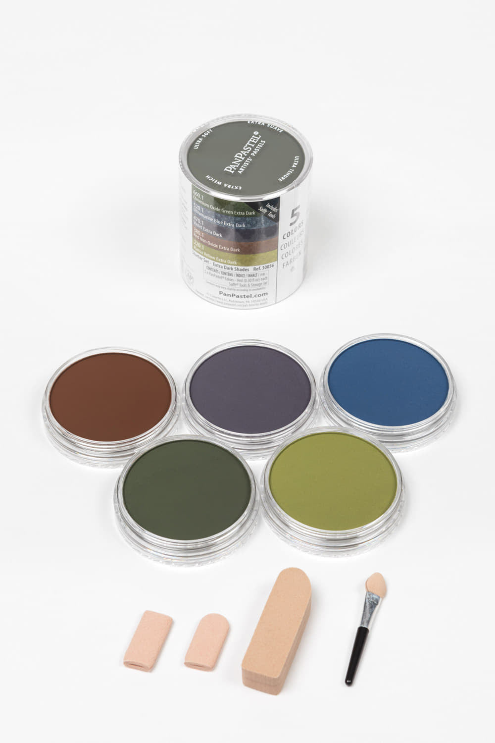 PanPastel Starter Set Extra Dark Shades 30056. This set lends itself well to backgrounds and shades. Includes a selections of Sofft tools application and blending tools.