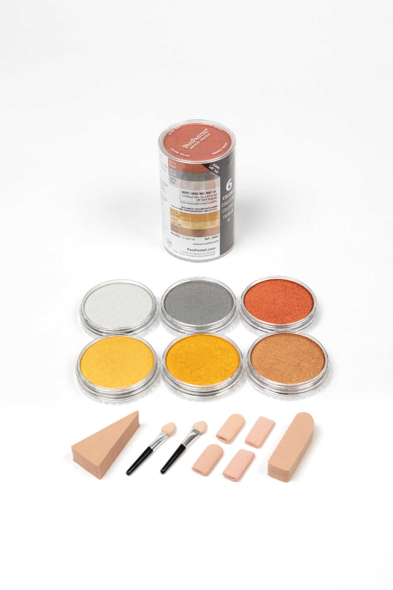 PanPastel  Metallic Colours 6 Pans & Sofft Tools 30061. A beautiful range of 6 rich, lustrous metallic colours which have all the same great properties as the original 80 colours. Includes Silver, Pewter, Bronze, Copper, Light Gold and Rich Gold