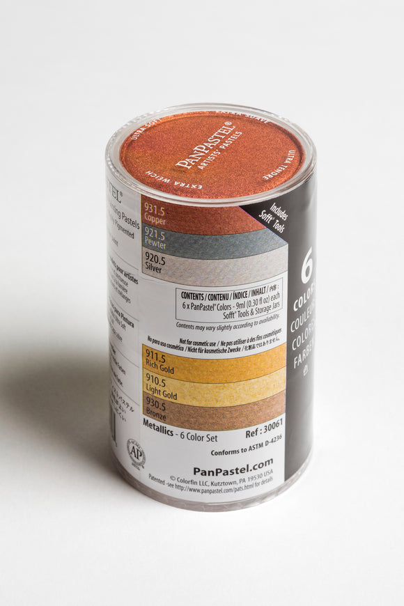 PanPastel  Metallic Colours 6 Pans & Sofft Tools 30061. A beautiful range of 6 rich, lustrous metallic colours which have all the same great properties as the original 80 colours. Includes Silver, Pewter, Bronze, Copper, Light Gold and Rich Gold