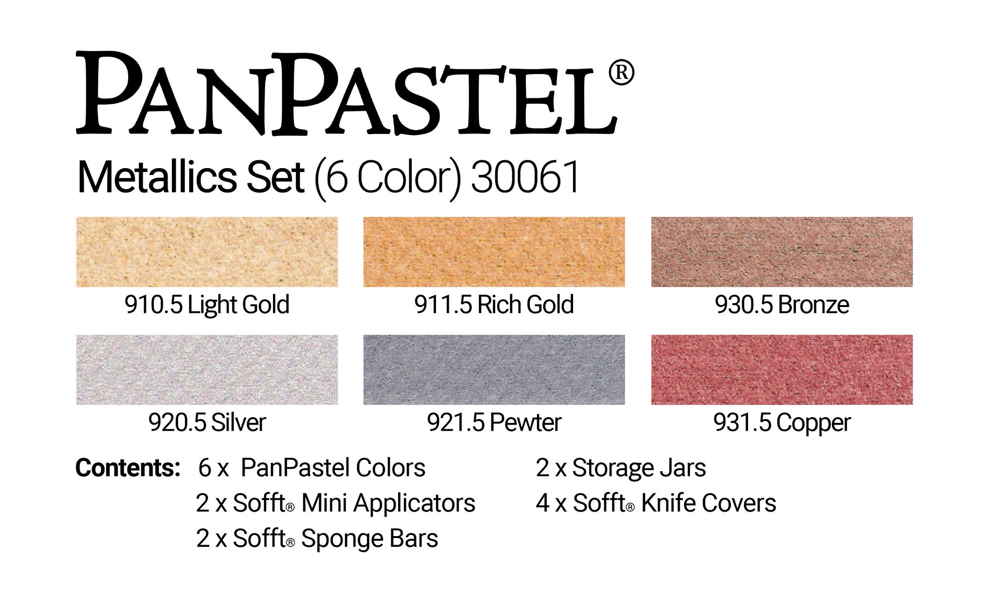 PanPastel  Metallic Colours 6 Pans & Sofft Tools 30061. A beautiful range of 6 rich, lustrous metallic colours which have all the same great properties as the original 80 colours. Includes Silver, Pewter, Bronze, Copper, Light Gold and Rich Gold
