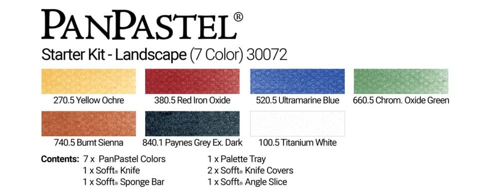 PanPastel Landscape starter set 7  Pans plus Sofft Tools & Tray. This versatile colour combination is perfect for landscape and backgrounds. Includes a great selection of colours