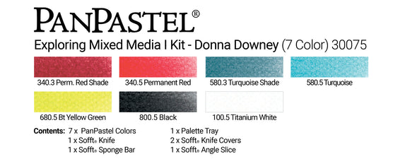 Donna Downey mixed media with PanPastel set one, this set with accompanied online heart video explores the use on PanPastel colours using creative techniques. A gorgeous mix of contrasting and complementary colours. PanPastel are ultra-fine artist's quality soft pastels, the set contains 7 colours of, Red Shade, Red, Turquoise, Turquoise Shade, Yellow Green, Black and White. As well as a tray and a selection of Sofft tools