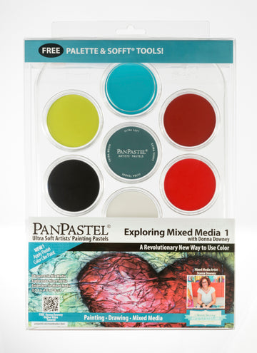 Donna Downey mixed media with PanPastel set one, this set with accompanied online heart video explores the use on PanPastel colours using creative techniques. A gorgeous mix of contrasting and complementary colours. PanPastel are ultra-fine artist's quality soft pastels, the set contains 7 colours of, Red Shade, Red, Turquoise, Turquoise Shade, Yellow Green, Black and White. As well as a tray and a selection of Sofft tools